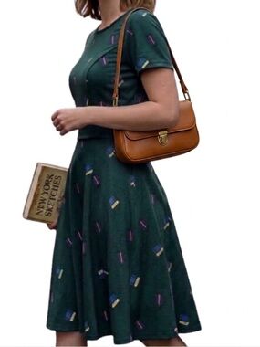 Unique Vintage x GB Green Suitcase Print Skater Dress Sz S Novelty Retro Y2K